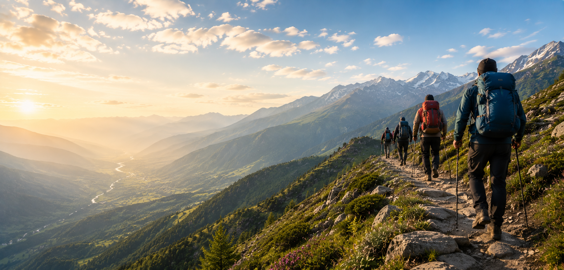 Trekkers on a mountain ridge trail