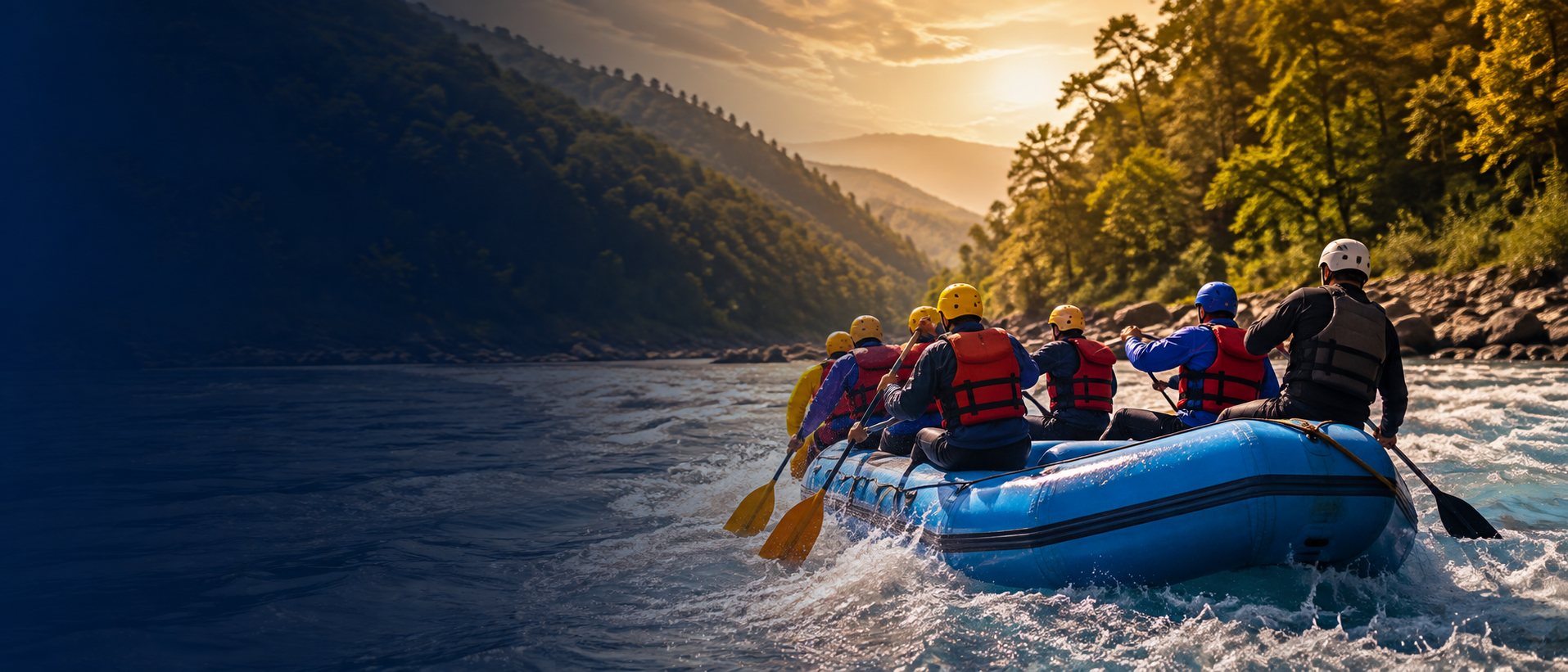 River rafting team on a whitewater river at sunset